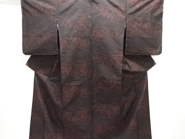 JAPANESE KIMONO / SILK / DORO OSHIMA TSUMUGI / WOVEN FLORAL PLANTS & FOLDING FAN